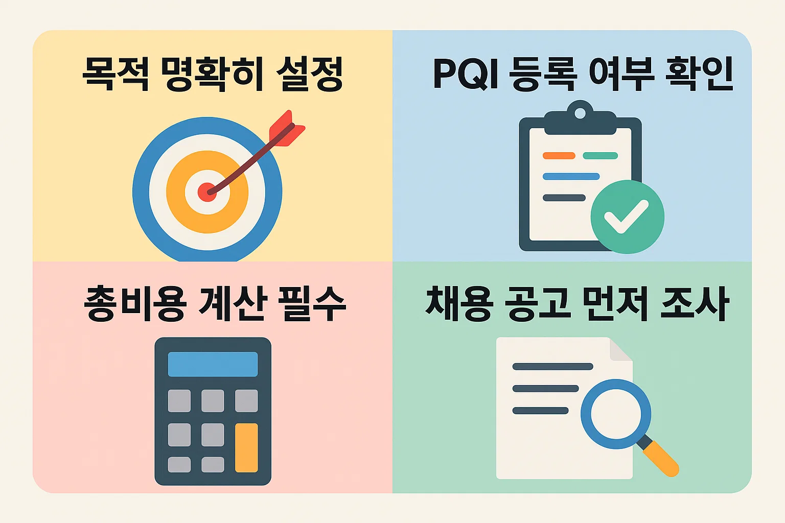 민간전문자격증 준비 시 목적 명확히 설정, PQI 등록 여부 확인, 총비용 계산, 채용 공고 조사 등 실질적인 꿀팁을 담은 인포그래픽입니다.