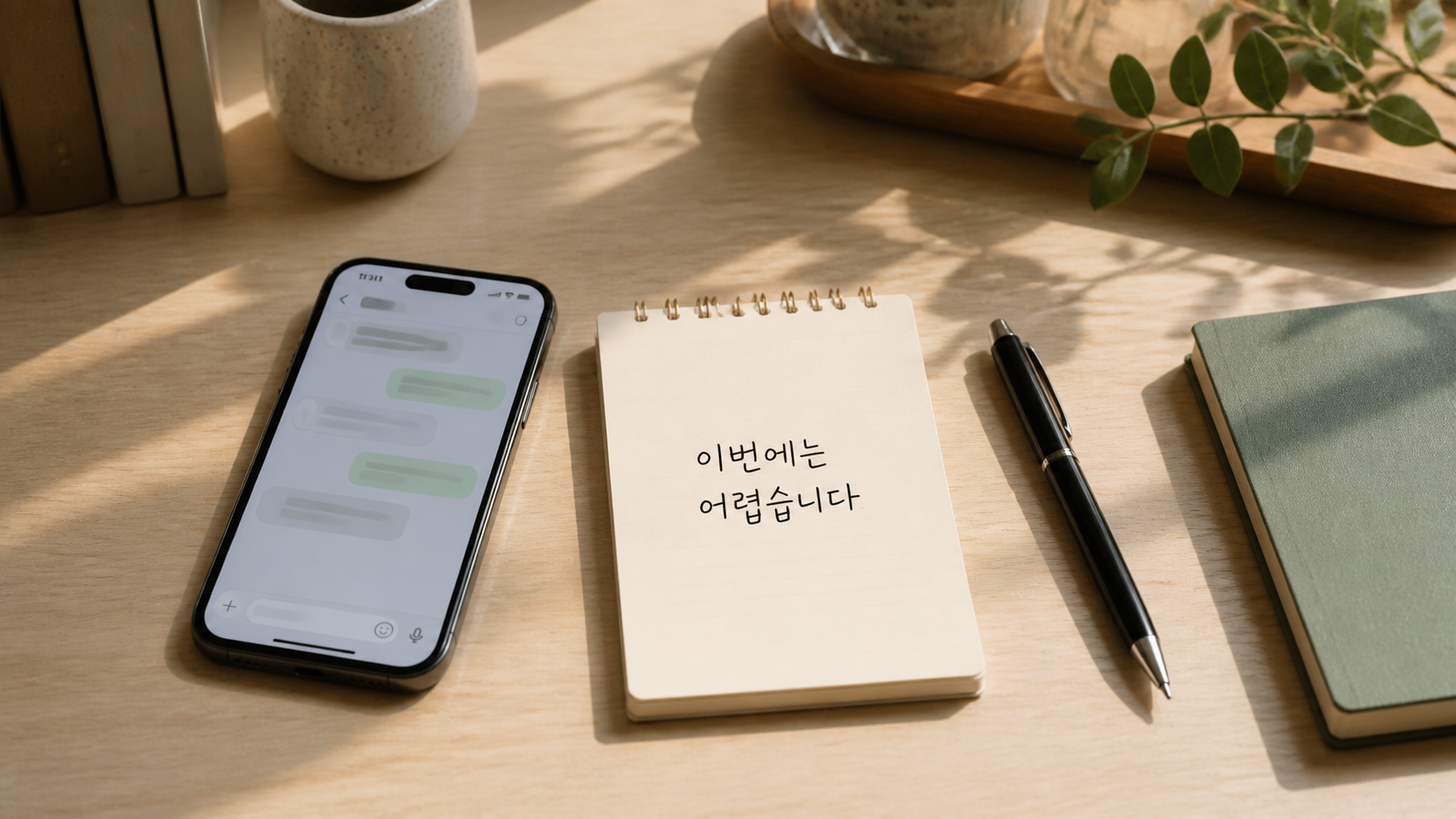 스마트폰 메시지 화면 옆 메모지에 이번에는 어렵습니다라고 적힌 차분한 책상 장면