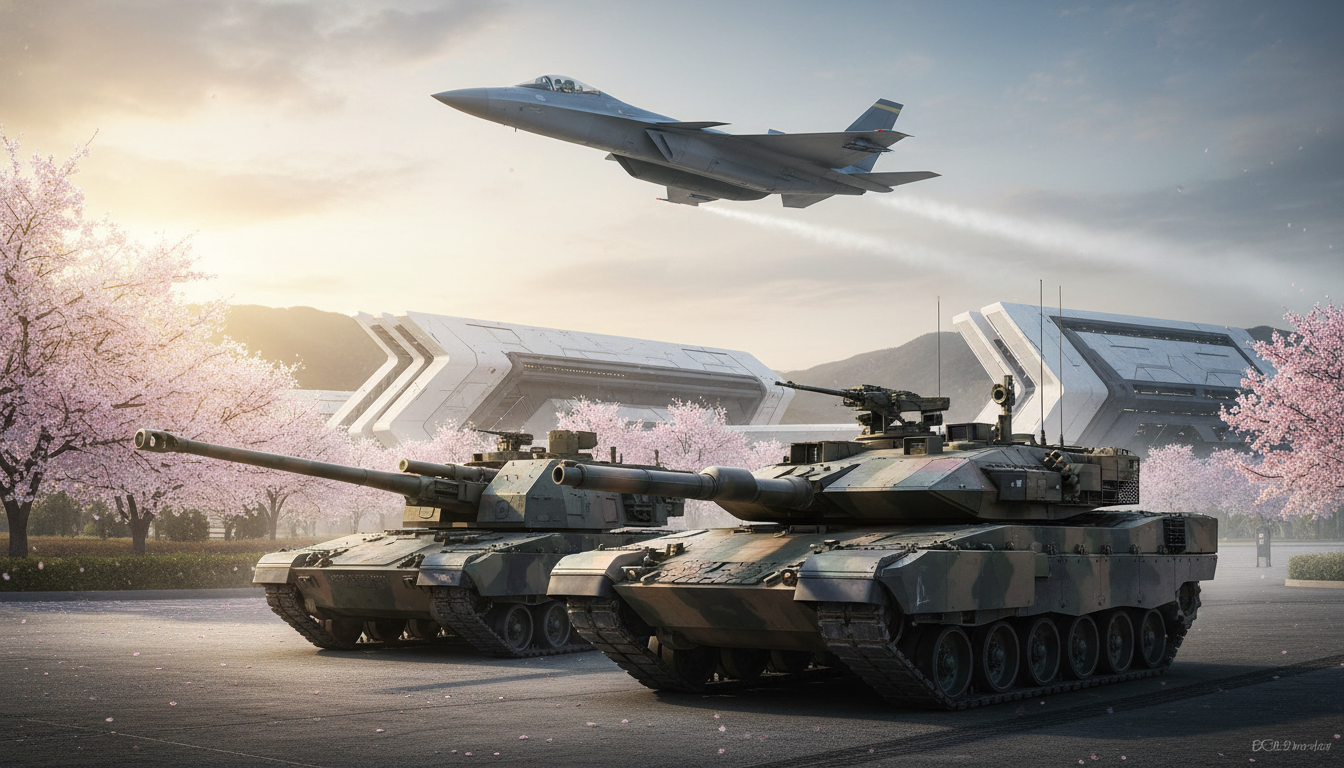 K2 전차, K9 자주포, KF-21 전투기가 나란히 배치된 대한민국 주요 무기 체계