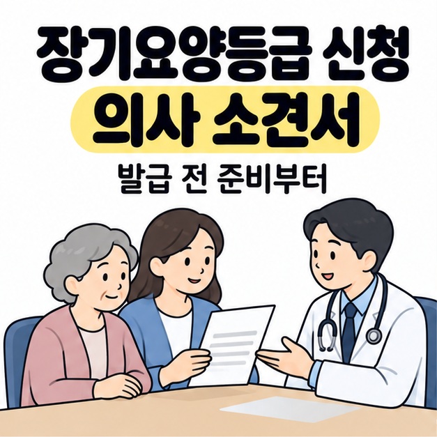 장기요양등급 신청 의사 소견서와 발급 전 준비부터라는 문구 아래 어르신과 보호자가 서류를 들고 의료진과 상담하고 있다.