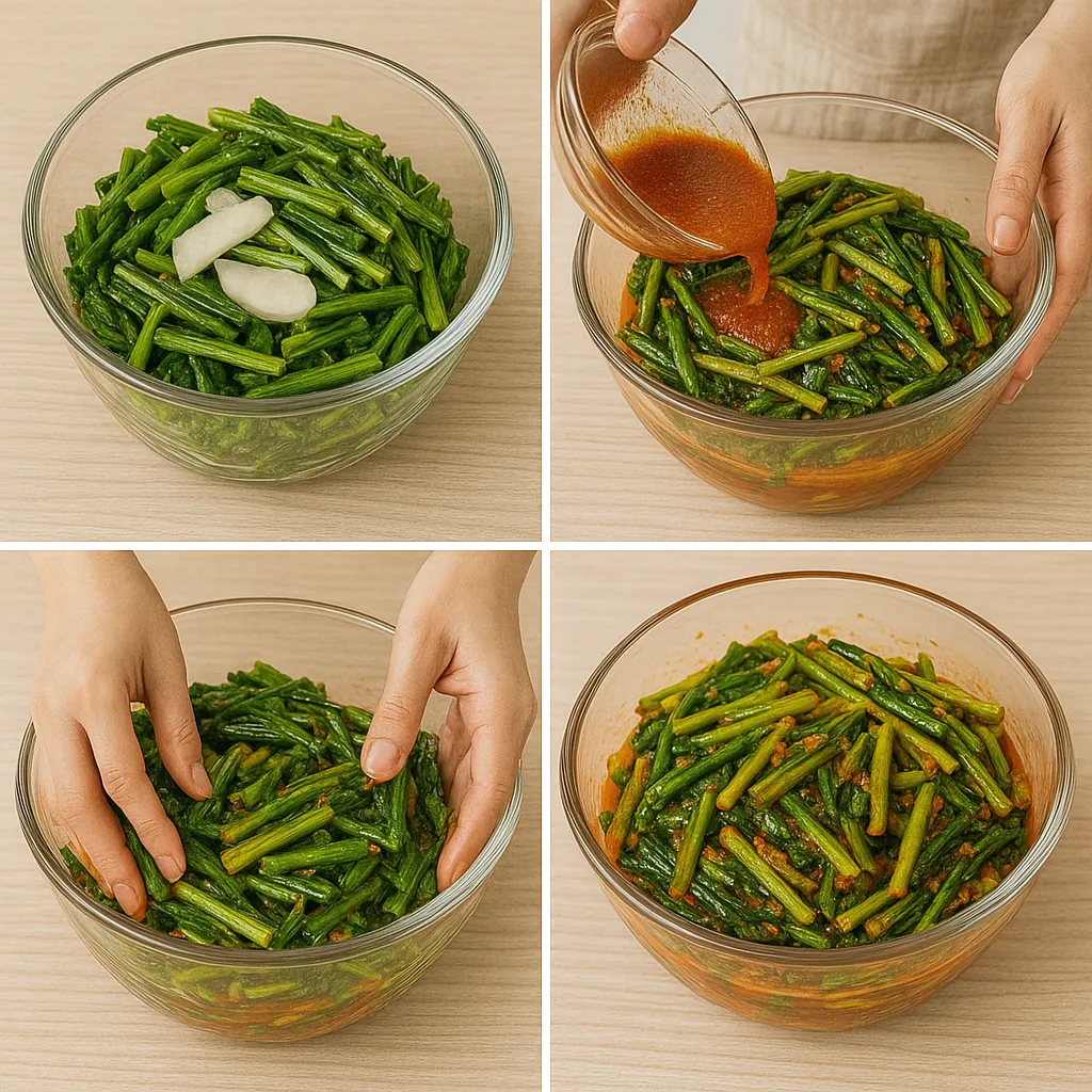 양념을 부어 열무와 무를 고루 섞는 과정을 담은 4단계 이미지