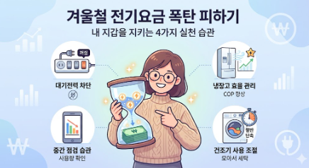 겨울철 전기요금 누진세를 피하기 위해, 스위치 달린 멀티탭으로 대기전력을 차단하는 모습