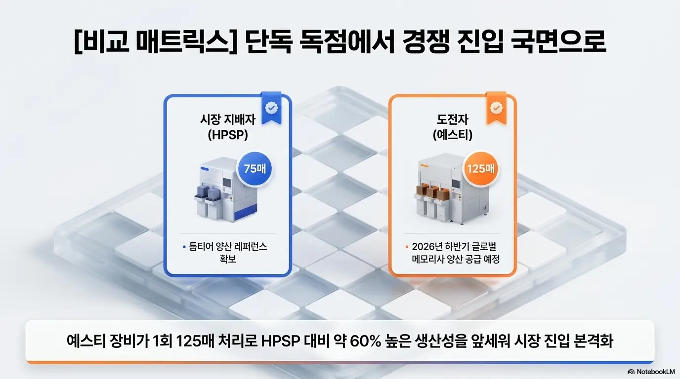 HPSP 주가 전망:&amp;#39;HPSP 단독 독점에서 경쟁 진입 국면으로&amp;#39;라는 비교 매트릭스 문구가 포함된 이미지. 시장 지배자 HPSP(75매)와 도전자 예스티(125매)의 처리량 비교&amp;#44; 예스티가 약 60% 높은 생산성으로 2026년 하반기 글로벌 메모리사 양산 공급을 앞두고 시장 진입을 본격화함을 시각적으로 전달하며&amp;#44; 블로그의 HPSP 경쟁 구도 분석과 관련된 내용을 설명함