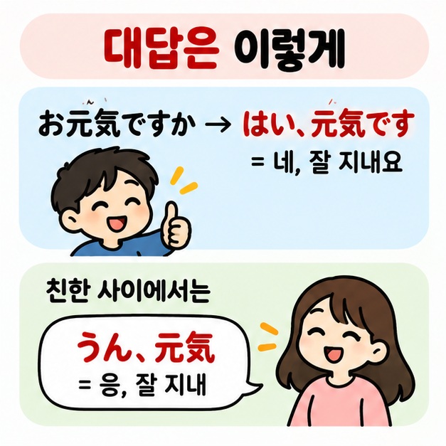 오겡끼데스까에 하이 겐키데스라고 답하는 기본 회화와 친한 사이에서 겐키라고 묻는 방법을 보여주는 카드