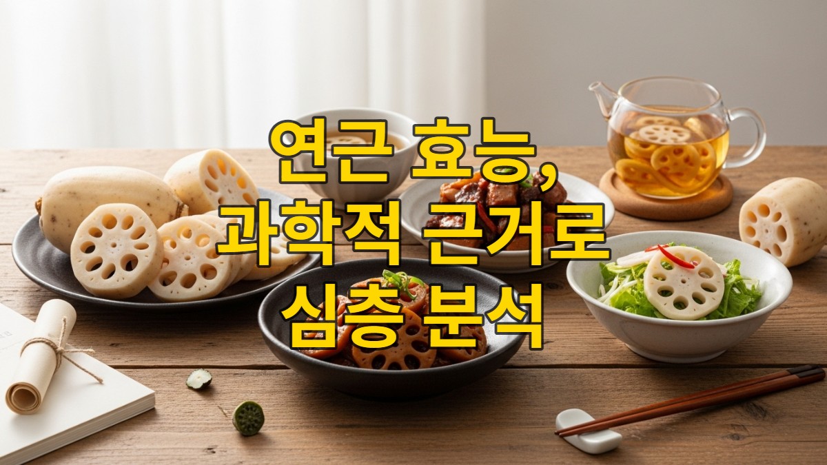 신선한 연근, 연근조림, 연근차, 연근 샐러드가 놓인 건강하고 정갈한 식탁 풍경. 연근의 다양한 효능을 상징하며, 위장 보호, 혈관 건강, 면역력 증진에 좋은 식재료임을 강조.