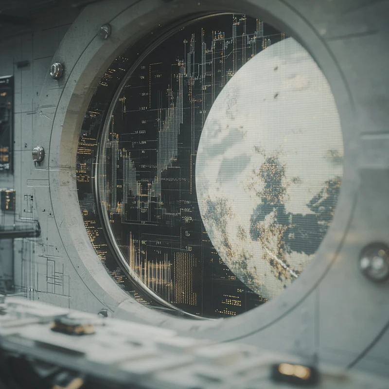 S&P500 지수와 기술 주식 성장의 시각적 표현, 고급 디지털 화면의 분위기, 진보적인 투자 기회를 암시