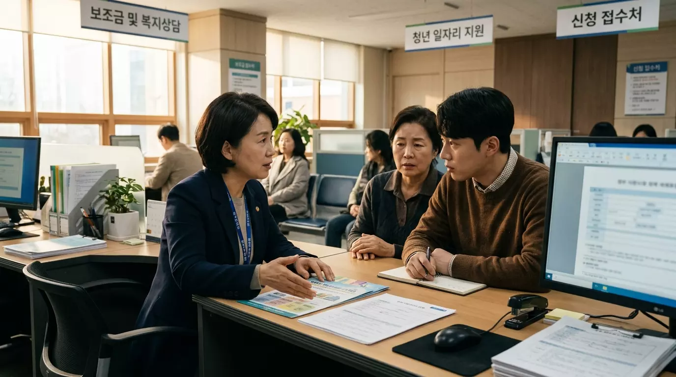 정부 지원금 상담 창구에서 상담받고 있는 장면