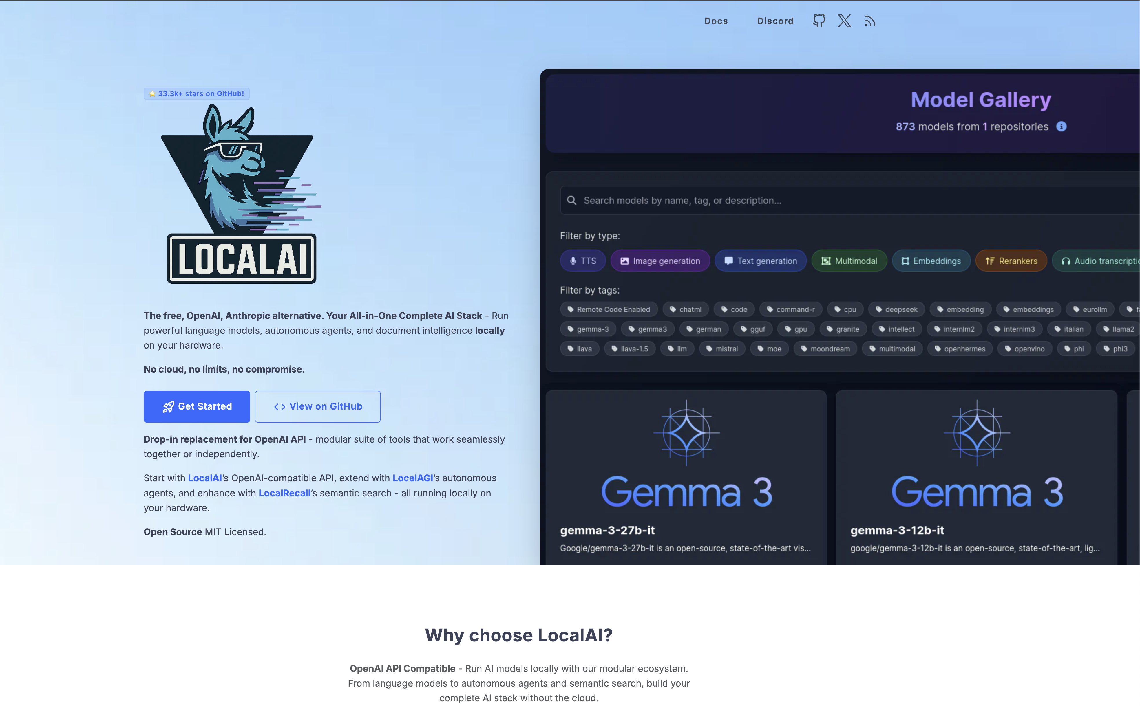 LocalAI 공식 홈페이지의 이미지 입니다. LocalAI는 OpenAI API와의 완벽 호환 및 기존의 ERP, MES 등의 리거시시스템과의 시스템 연동이 매우 쉬운 장점이 있습니다.