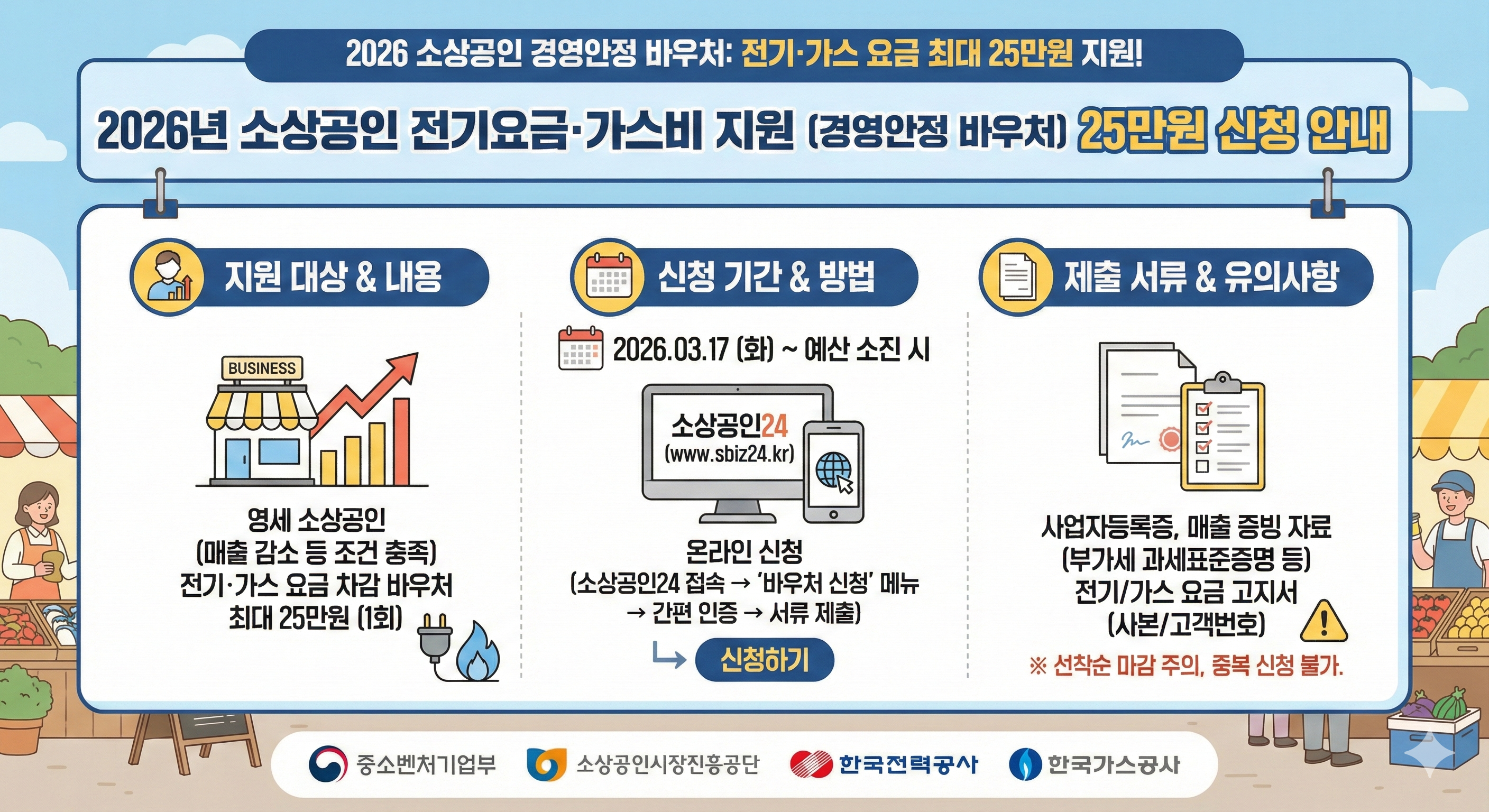 2026년 소상공인24 홈페이지 메인 화면 및 25만원 경영안정 바우처 신청 메뉴 안내