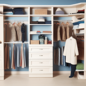 베이지와 파스텔 블루 계열의 옷장 사진