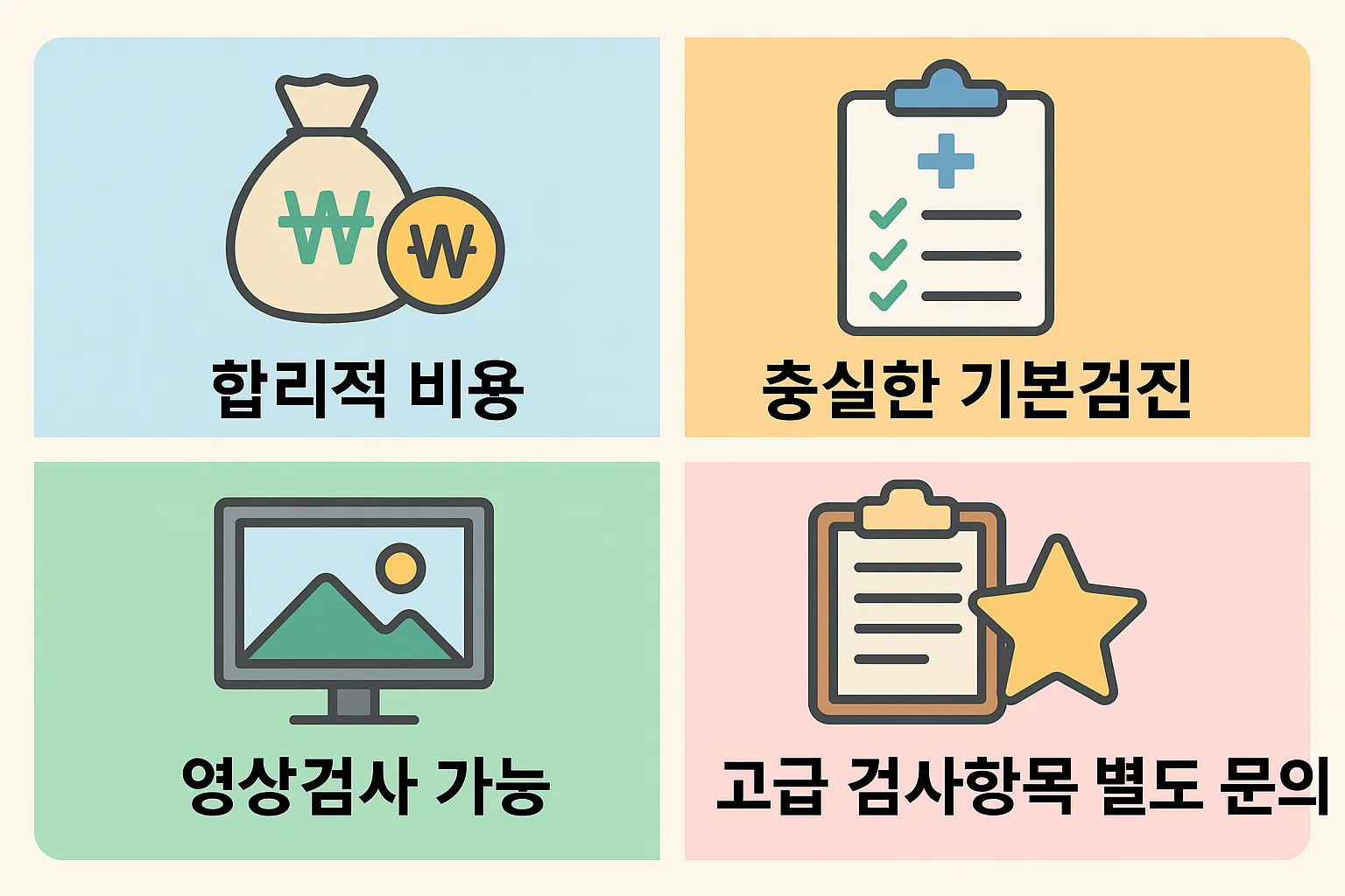 합리적인 비용, 영상검사 가능 여부, 고급 항목 문의 등 부산 사상 지역 중형 검진센터 비교 정보를 담은 인포그래픽
