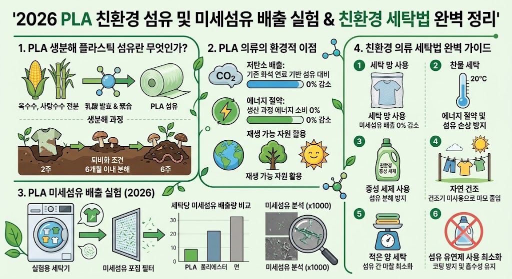 2026 PLA 친환경 소재 생분해 플라스틱 섬유 PLA 의류 환경 문제 미세섬유 배출 실험 친환경 의류 세탁법 완벽 정리