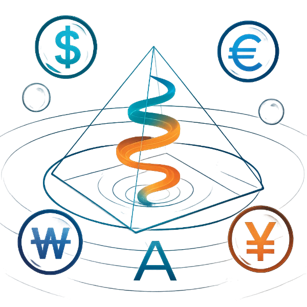 중심의 유리 피라미드 안에서 오렌지-블루 색상의 나선형 에너지가 솟구치며, 주변에는 달러, 유로, 원, 엔 등 주요 통화 기호들이 원형으로 배치된 미래적 금융 개념 일러스트