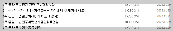 금양 공시 목록