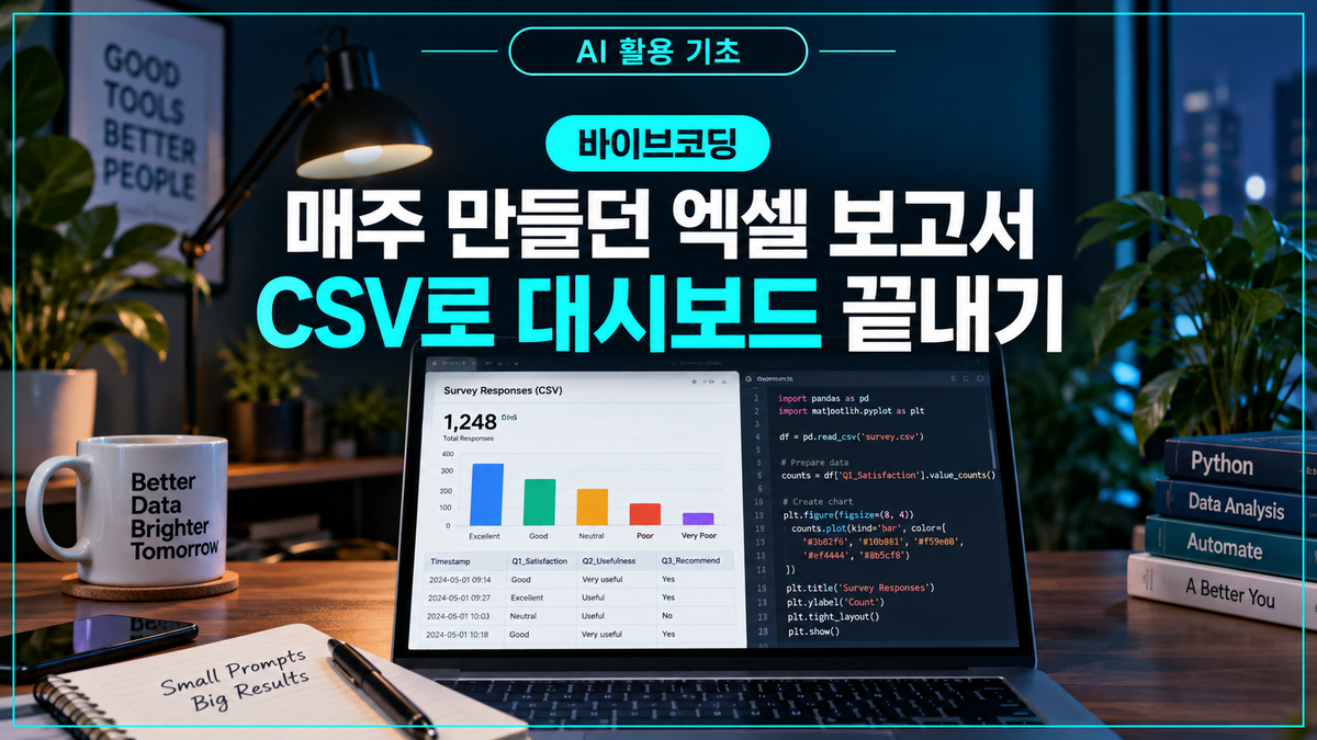 대표 이미지: 설문 CSV 응답 수와 선택지 비율을 보여주는 단일 HTML 도구 개발 환경