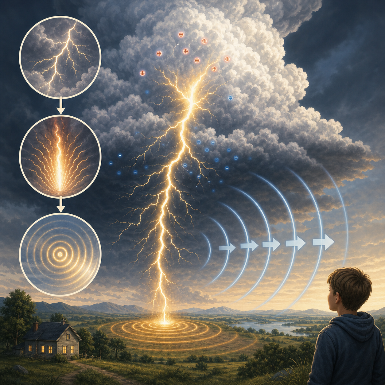Lightning heating air and making thunder in an educational illustration