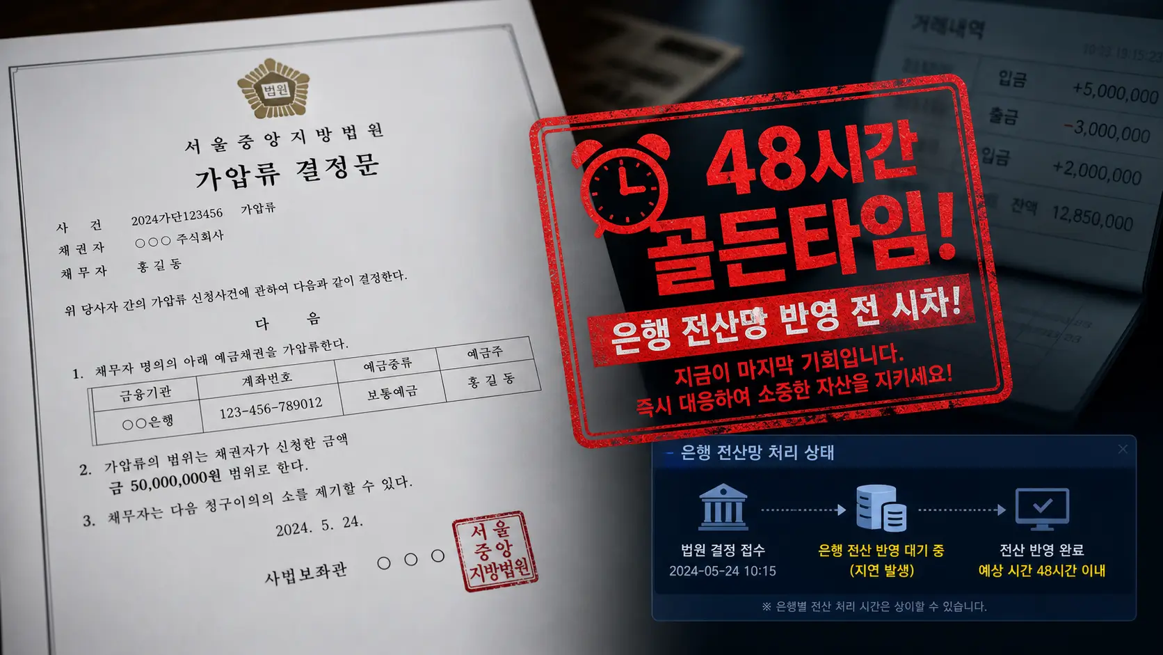 법원 통장 가압류 결정문과 48시간 골든타임 경고 스탬프 (은행 전산망 반영 전 시차)
