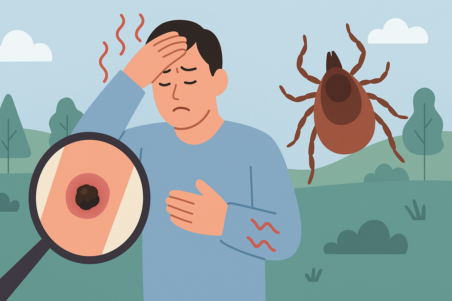 고열과 피부 병변을 겪는 남성과 진드기를 묘사한 쯔쯔가무시병 일러스트