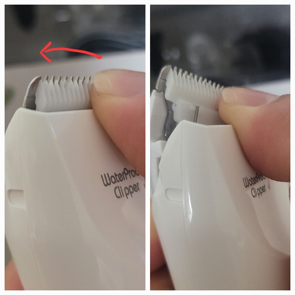 바비온 바리깡 청소를 위해 분해하는 모습. 날 밑에 플라스틱 부분을 밀어주면 된다