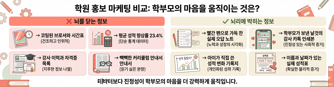 학원 홍보 마케팅 비교: 가용성 휴리스틱을 활용해 지루한 데이터 나열 대신 빨간 펜 오답 노트와 감사 카톡 등 생생한 기억 알박기로 학부모를 설득하는 기술 인포그래픽.