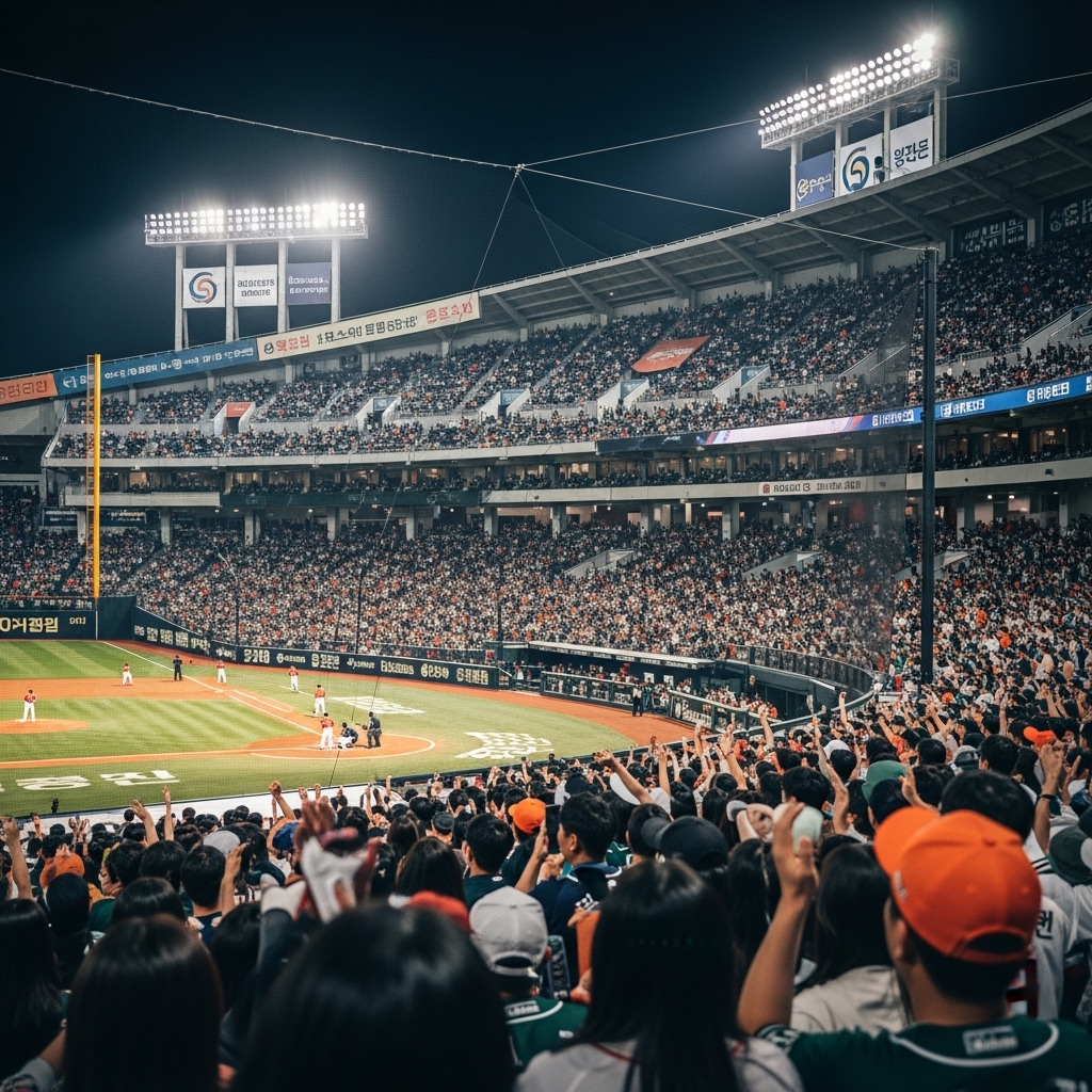 2025 한국시리즈 야구 경기장, 환호하는 관중과 불꽃놀이가 어우러진 역동적인 장면