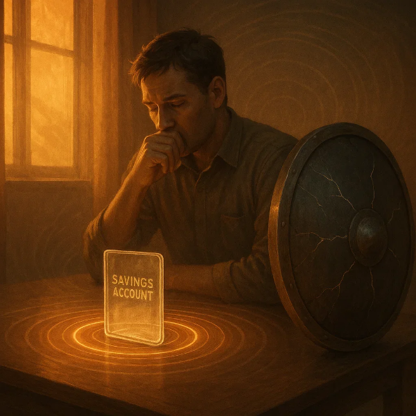불안한 표정으로 저축통장을 바라보는 남성과 깨진 방패가 함께 있는 장면, 저축의 보호와 불안감을 상징