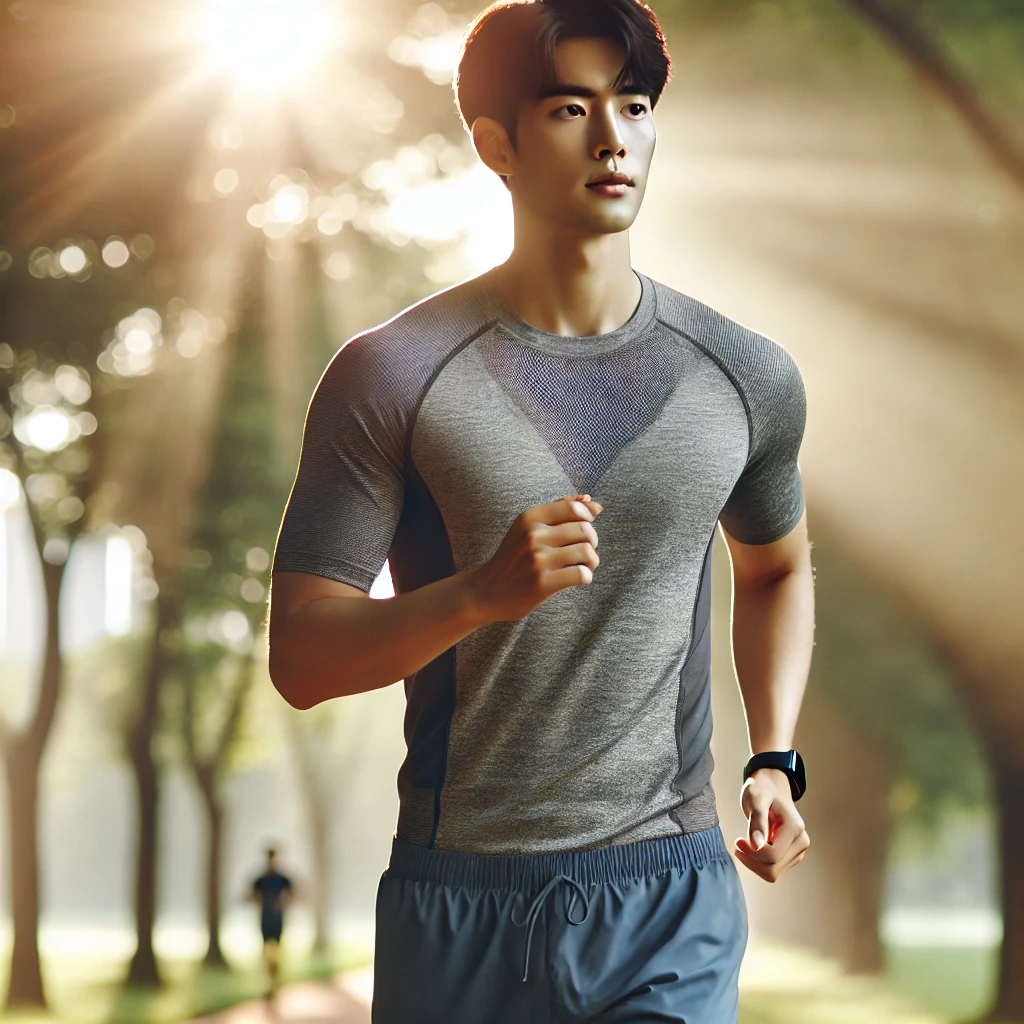 아침 공원에서 달리며 집중한 표정을 짓는 젊은 남성