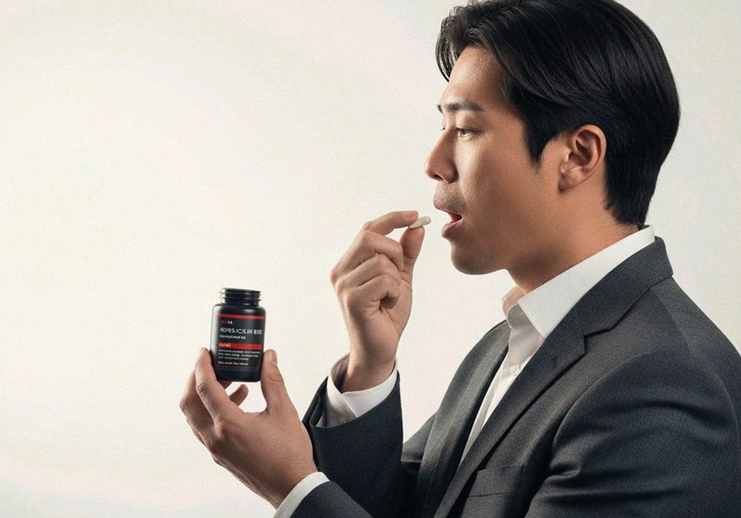 Korean Asian man in 40s comparing supplement labels with research notes