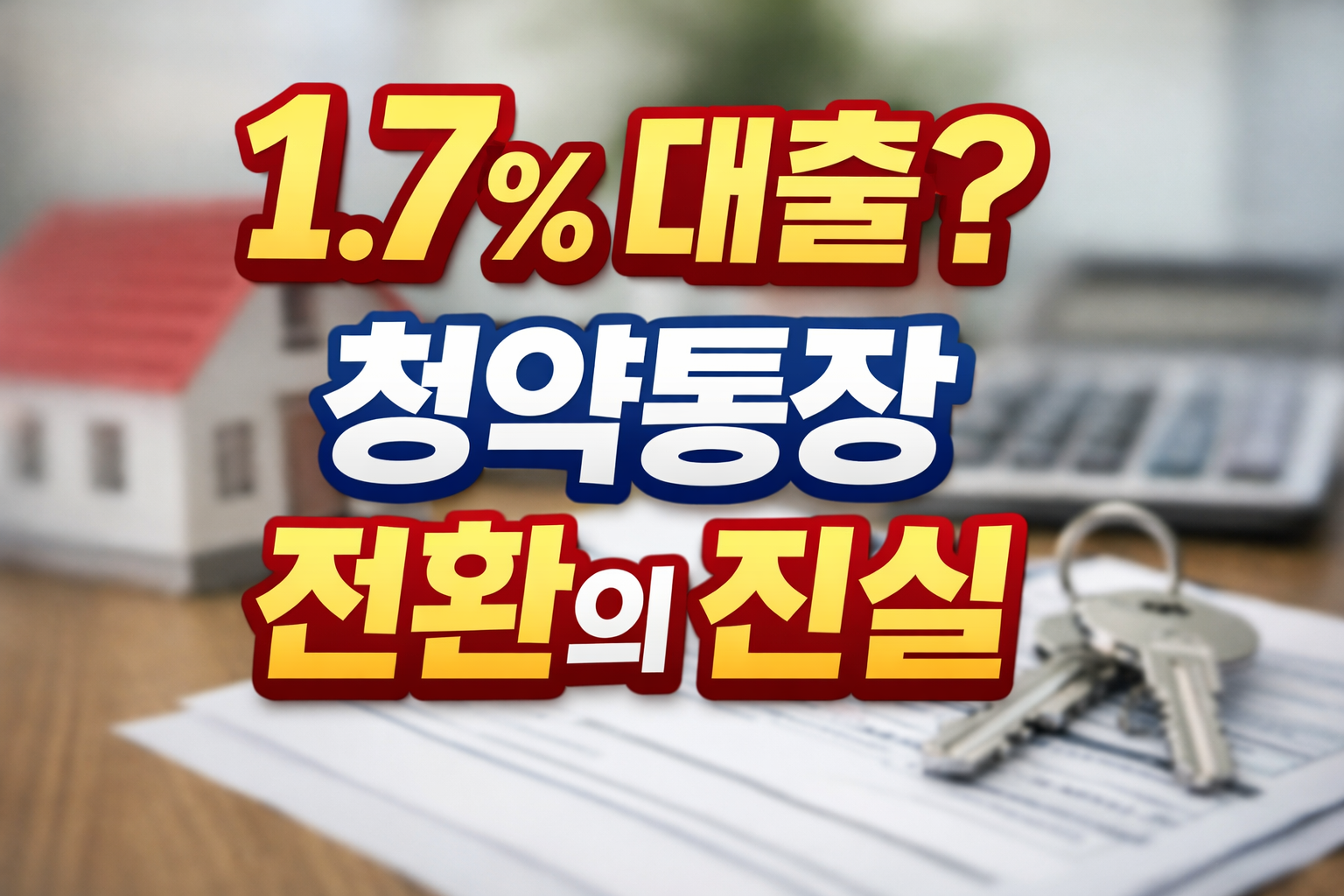 청년주택드림청약통장 전환의 진실을 설명하는 썸네일, &lsquo;1.7% 대출?&rsquo; 문구와 &lsquo;청약통장 전환의 진실&rsquo; 텍스트, 집 모형&middot;계산기&middot;열쇠가 흐릿한 배경