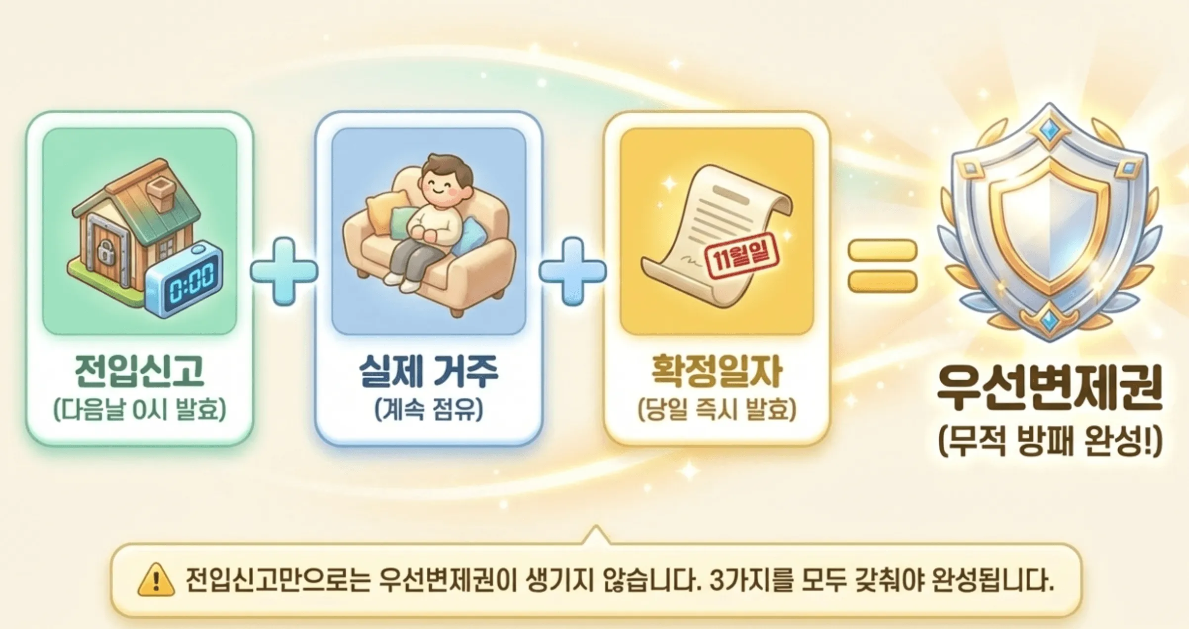 전세보증금 반환:우선변제권이 완성되는 3가지 필수 요건을 공식처럼 표현한 일러스트입니다. 전입신고(다음날 0시 발효), 실제 거주(계속 점유), 확정일자(당일 즉시 발효)가 모두 더해져야 비로소 우선변제권이라는 무적 방패가 완성됨을 보여줍니다. 하단에는 전입신고만으로는 부족하며 세 가지 요건을 모두 갖춰야 한다는 주의 문구가 적혀 있습니다.