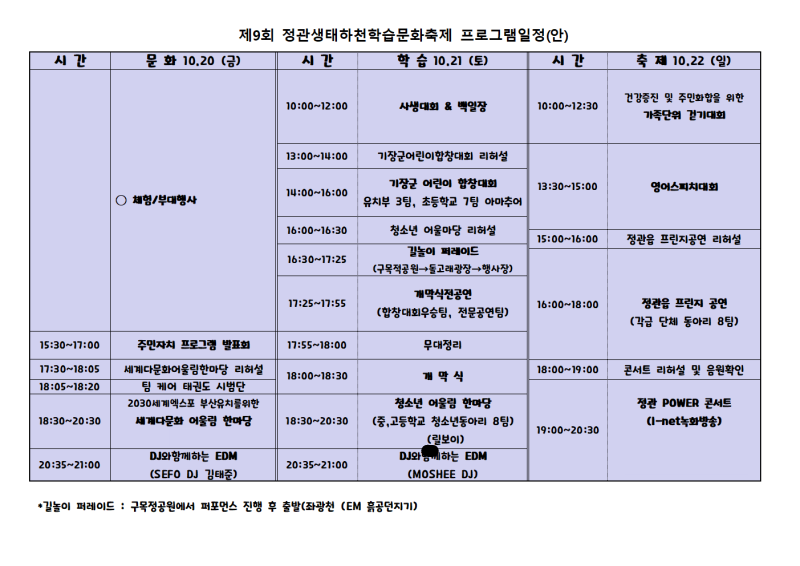  정관생태하천 학습문화축제 일정