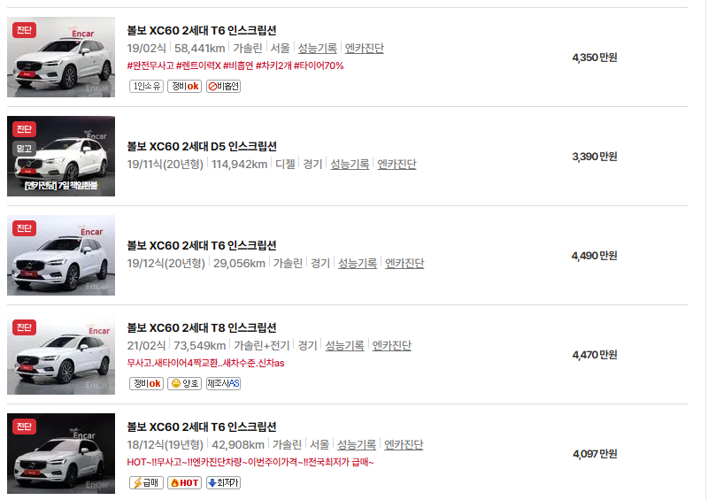 볼보 XC60 중고차 가격 시세표 연비