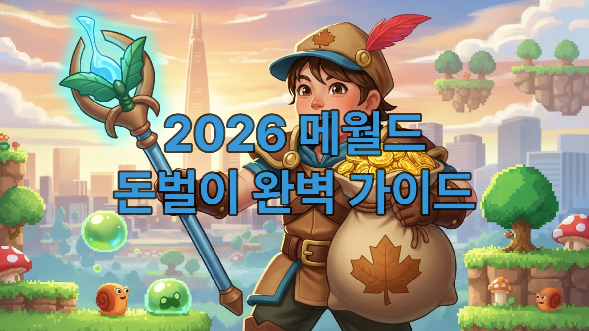 메이플스토리 월드 초반 사냥터에서 메소 주머니를 들고 기뻐하는 한국인 뉴비 모험가