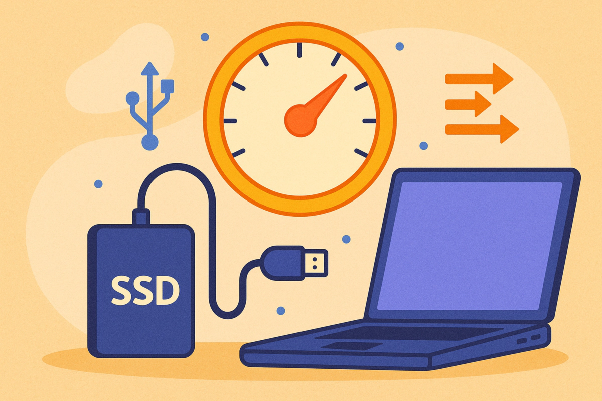 외장 SSD와 노트북이 연결된 상태에서 속도 게이지 아이콘 표시