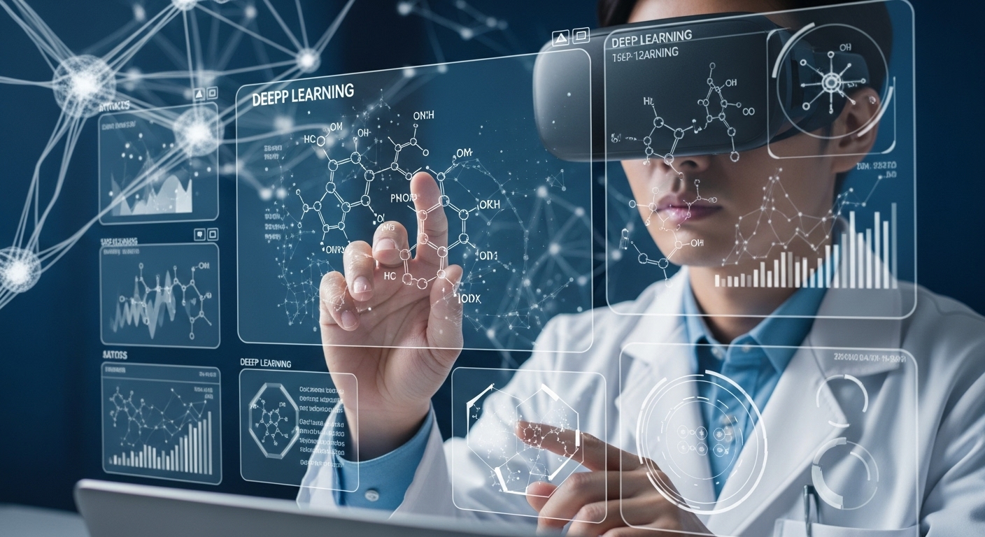 researcher analyzing molecular drug candidates through a virtual screening interface