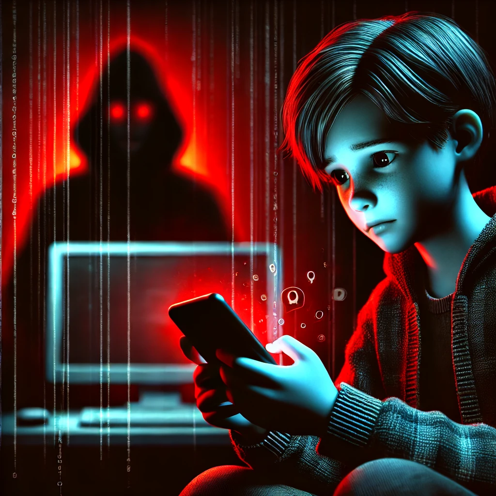 이 사진은 온라인 위협의 위험성과 사이버 성범죄의 심각성을 강조하는 분위기를 나타내는 이미지 사진입니다.