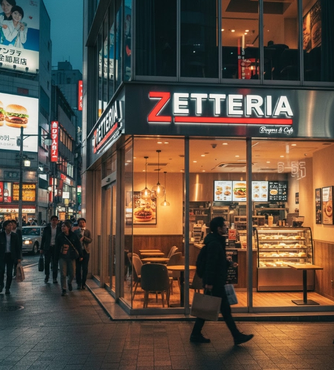 A high-quality, cinematic wide shot of a modern "ZETTERIA" restaurant storefront in a bustling Tokyo street at twilight. The sign features stylish typography with "ZE" highlighted. The interior is warm and inviting, blending a sleek burger joint with a cozy, sophisticated cafeteria/cafe vibe. Pedestrians are walking by, and the street is illuminated by neon lights. Realism, 8k resolution, vibrant colors, urban atmosphere.