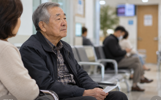 병원 대기실에서 진료를 기디리며 자신의 증상을 생각하는 80대 아버지
