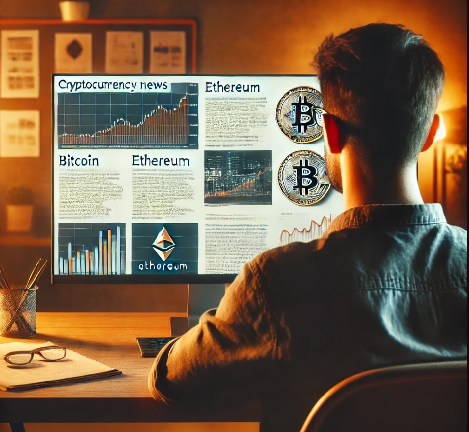 암호화폐 뉴스 기사를 보는 남자의 뒷모습