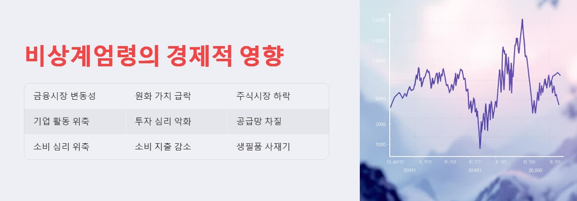 비상계엄령이 금융시장, 기업 활동, 소비 심리에 미친 영향을 데이터와 함께 설명하는 이미지. 차트와 도표가 변동성과 경제적 불안정을 시각적으로 표현.