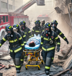 환자를 구조중인 소방관 사진