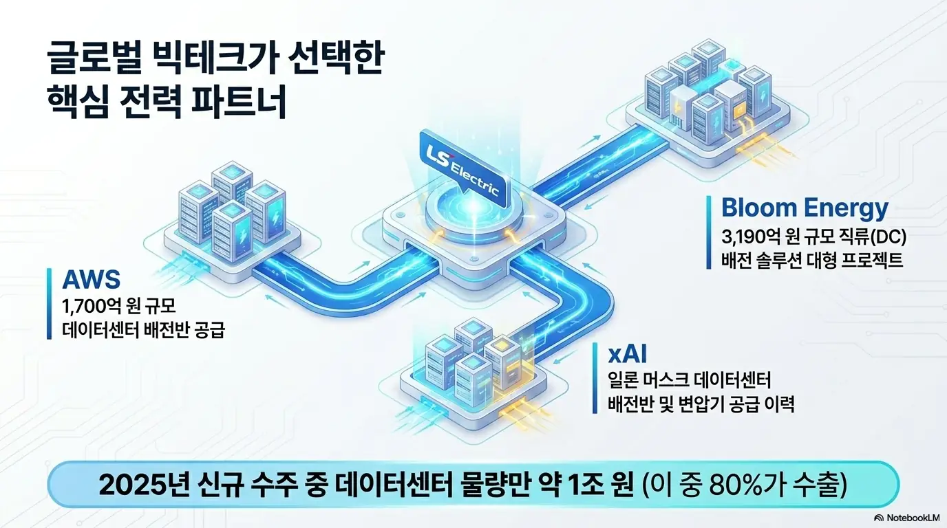 LS일렉트릭 주가 전망: 글로벌 빅테크가 선택한 핵심 전력 파트너로서 LS일렉트릭의 데이터센터 수주를 정리한 인포그래픽. 아마존웹서비스 1&amp;#44;700억 원 규모 배전반 공급&amp;#44; 블룸에너지 3&amp;#44;190억 원 규모 직류 배전 솔루션&amp;#44; 일론 머스크 xAI 데이터센터 배전반&middot;변압기 공급 이력을 연결망으로 표현하고&amp;#44; 2025년 신규 수주 중 데이터센터 물량 약 1조 원의 80퍼센트가 수출임을 강조한다. 