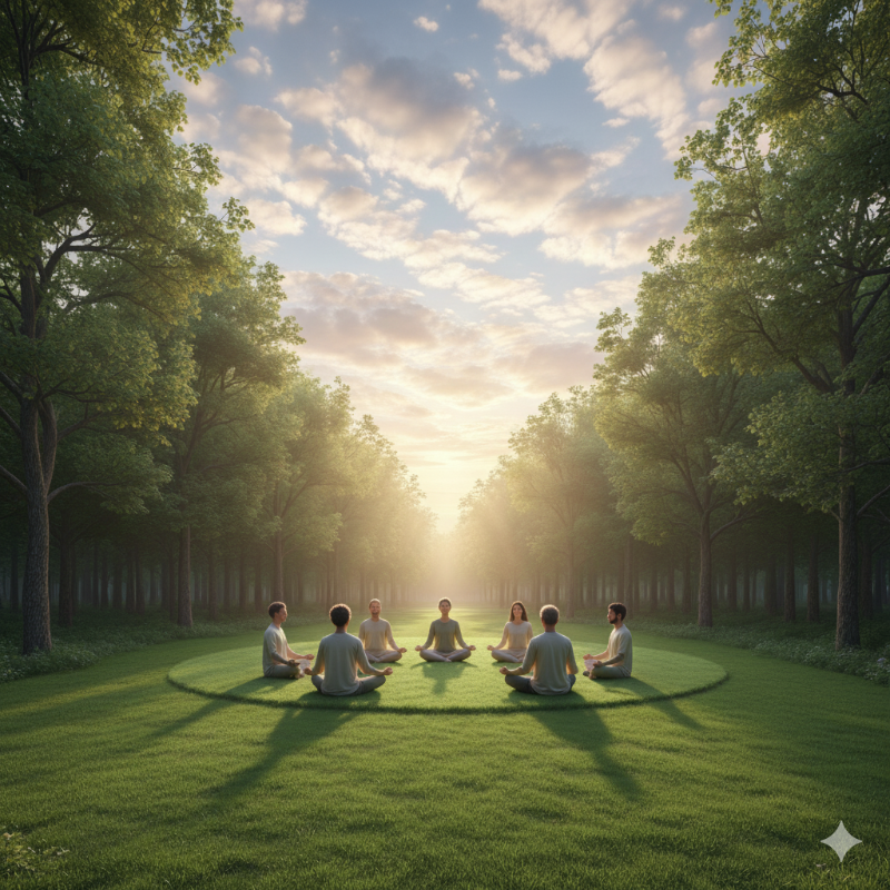 마음챙김을 통해 스트레스 감소와 정서 조절이라는 실제적 가치를 얻고, 이를 통해 더 나은 사회적 역할을 수행할 수 있다고 믿습니다.

틱낫한 명상은 혼자만의 수양이 아니라, 평화로운 개인이 평화로운 공동체를 만들어 나가는 구조적 변화의 씨앗입니다. 내면의 평화가 확보되지 않은 상태에서 외부의 문제 해결은 근본적으로 불가능합니다.


숲 속 둥근 잔디밭에 사람들이 원형으로 앉아 명상하는 평화로운 풍경