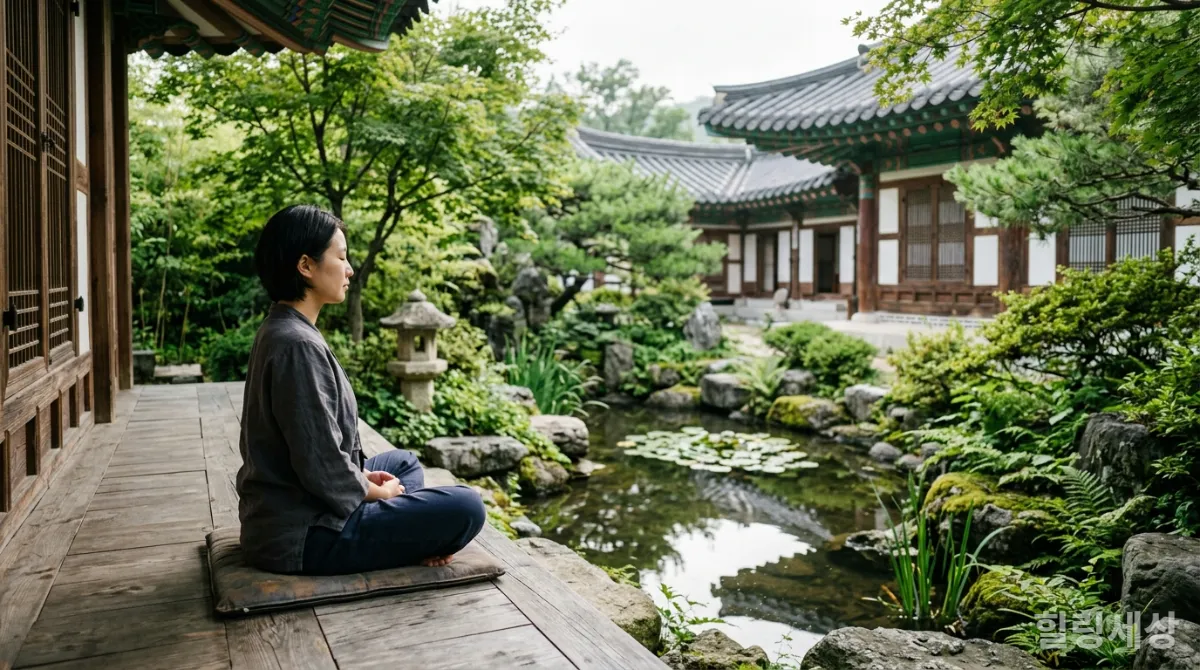 한국 전통 정원에서 명상하며 마음의 평화를 찾는 사람