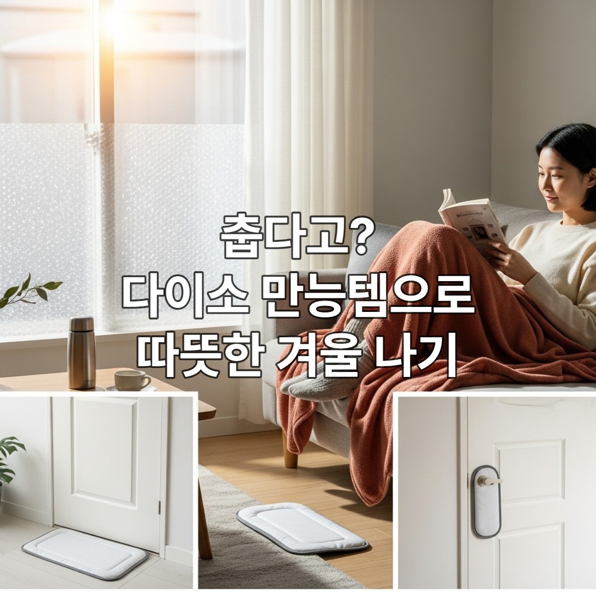 따뜻한 햇살이 드는 아늑한 거실에서 겨울 난방 필수품인 뽁뽁이가 붙은 창문 옆으로 다이소 난방용품들(담요, 털 실내화)이 보이는 모습