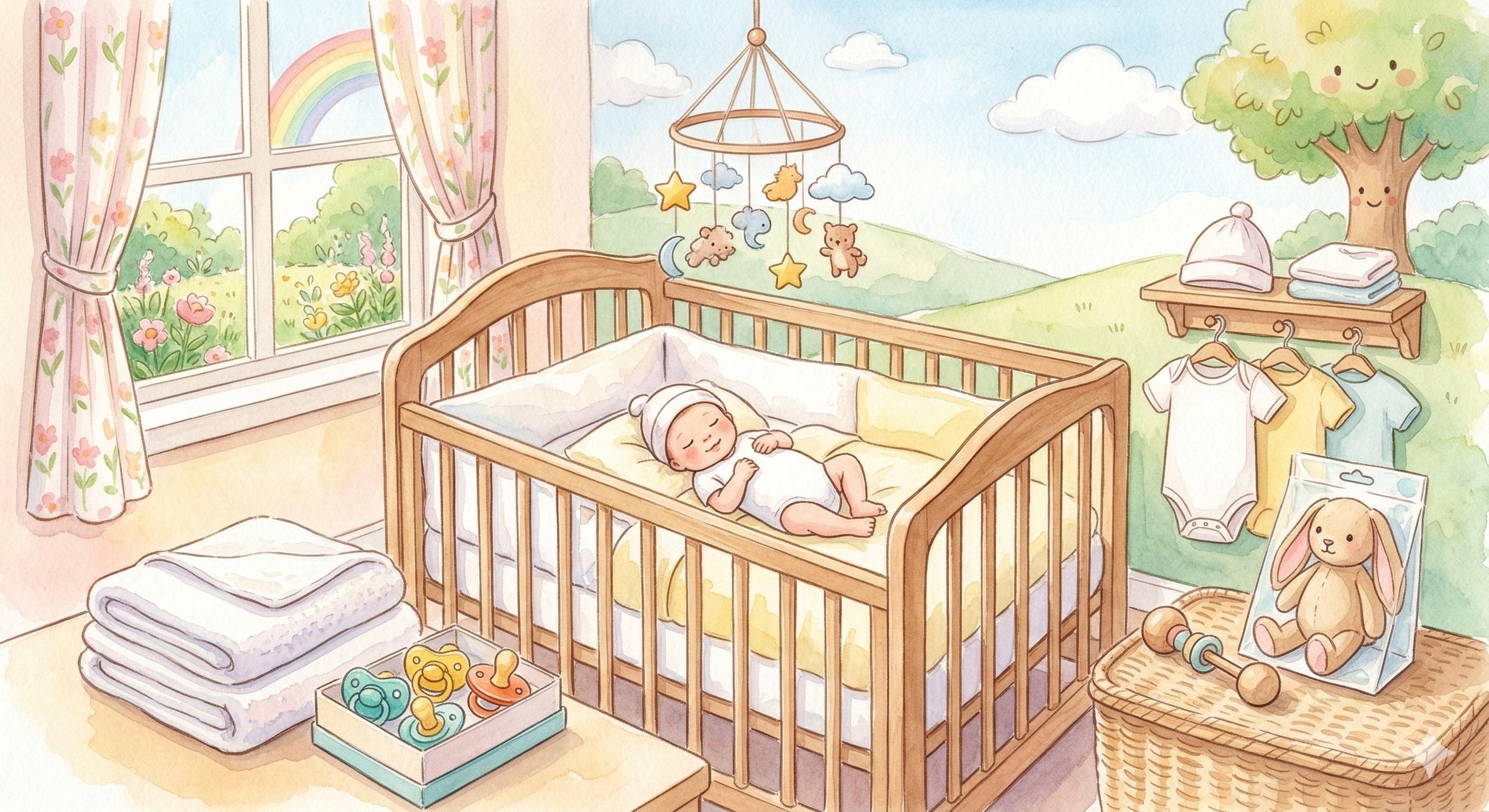 Newborn baby sleeping in a crib surrounded by essential new items like pacifiers, clothes, and toys in a warm watercolor style.