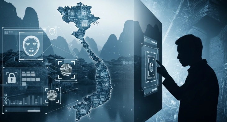 베트남의 디지털 금융 전환과 생체인증 시스템을 상징하는 미래적인 이미지. 차명 자산 위험과 투자 투명성 강화를 시사합니다.