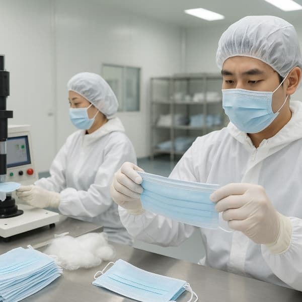 클린룸에서 마스크 품질 검사를 수행 중인 작업자들