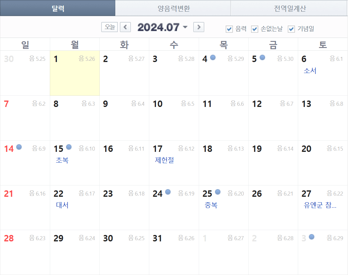 7월 공휴일 및 대체공휴일
