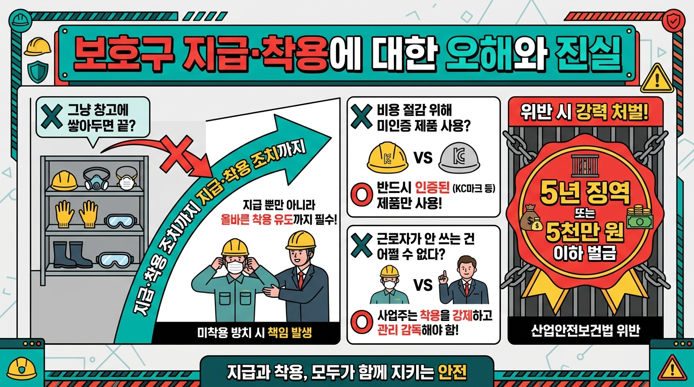 보호구 지급·착용 조치 의무 — 미지급 시 5년 징역·5천만원 벌금 핵심 인포그래픽